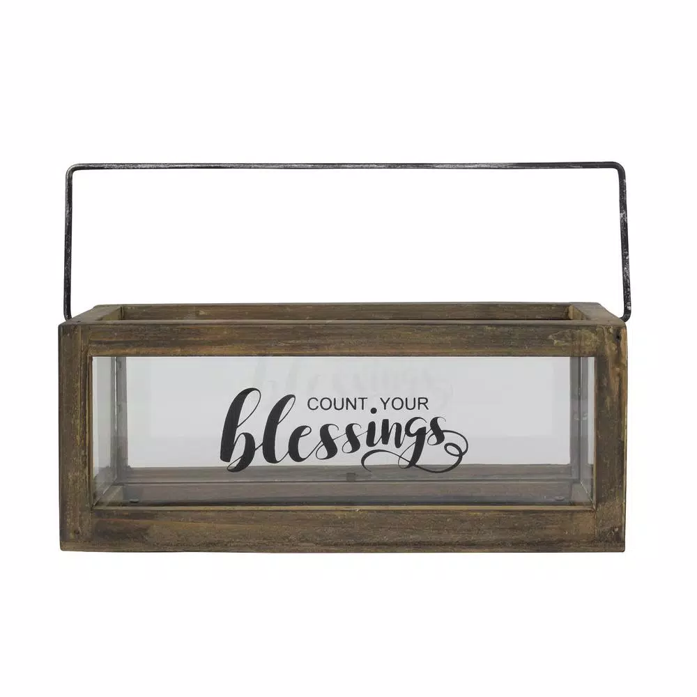 Stonebriar Collection Stonebriar Rustic Wood and Glass Votive Candle Holder with 'Count Your Blessings' Sentiment
