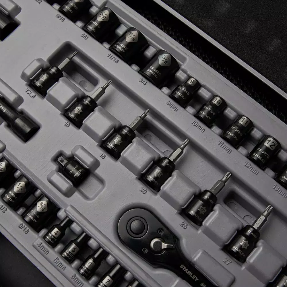 Stanley 50-Piece 3/8 in. Drive SAE and Metric Ratchet and Socket Set with Black Chrome Finish