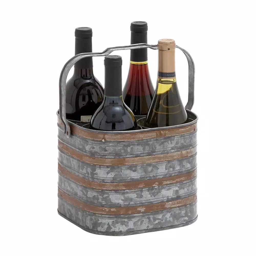 LITTON LANE 4-Bottle Iron Wine Holder with Handle - 2-Tone Patina Silver and Brass