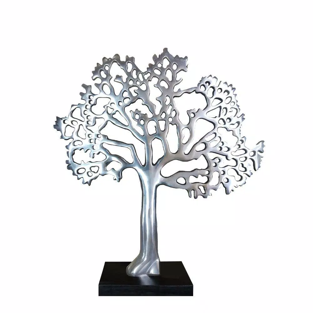 Benjara Modern Silver and Black Aluminum Tree Sculpture Decor with Block Base