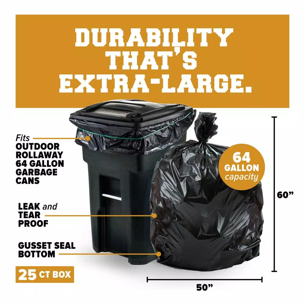 Plasticplace 65 Gal. Black Toter Compatible Trash Bags, 3.0 Mil Heavy Duty, 50 in. x 60 in. (25-Case)