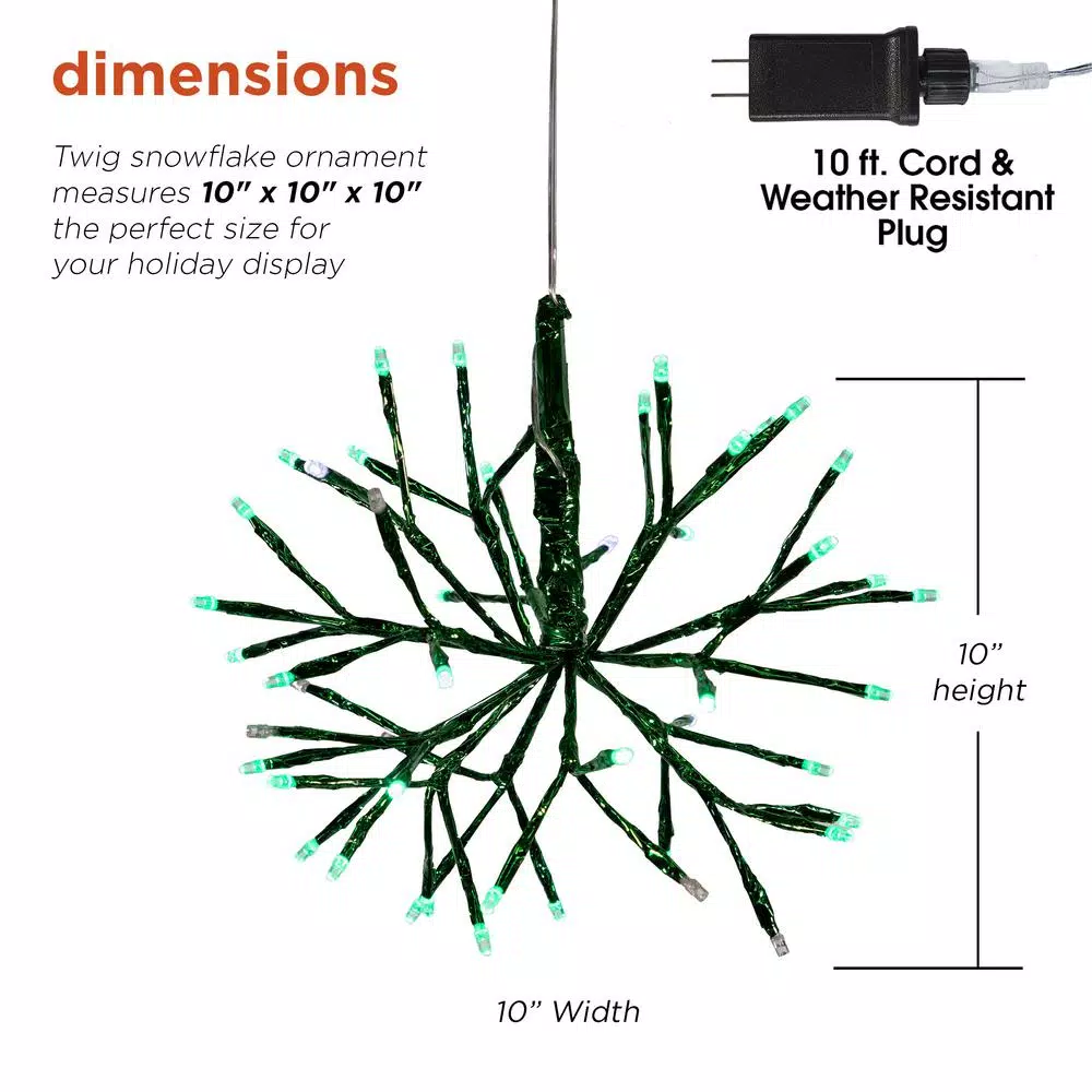 Alpine Corporation 10 in. Twig Snowflake Christmas Ornament with Green LED Lights
