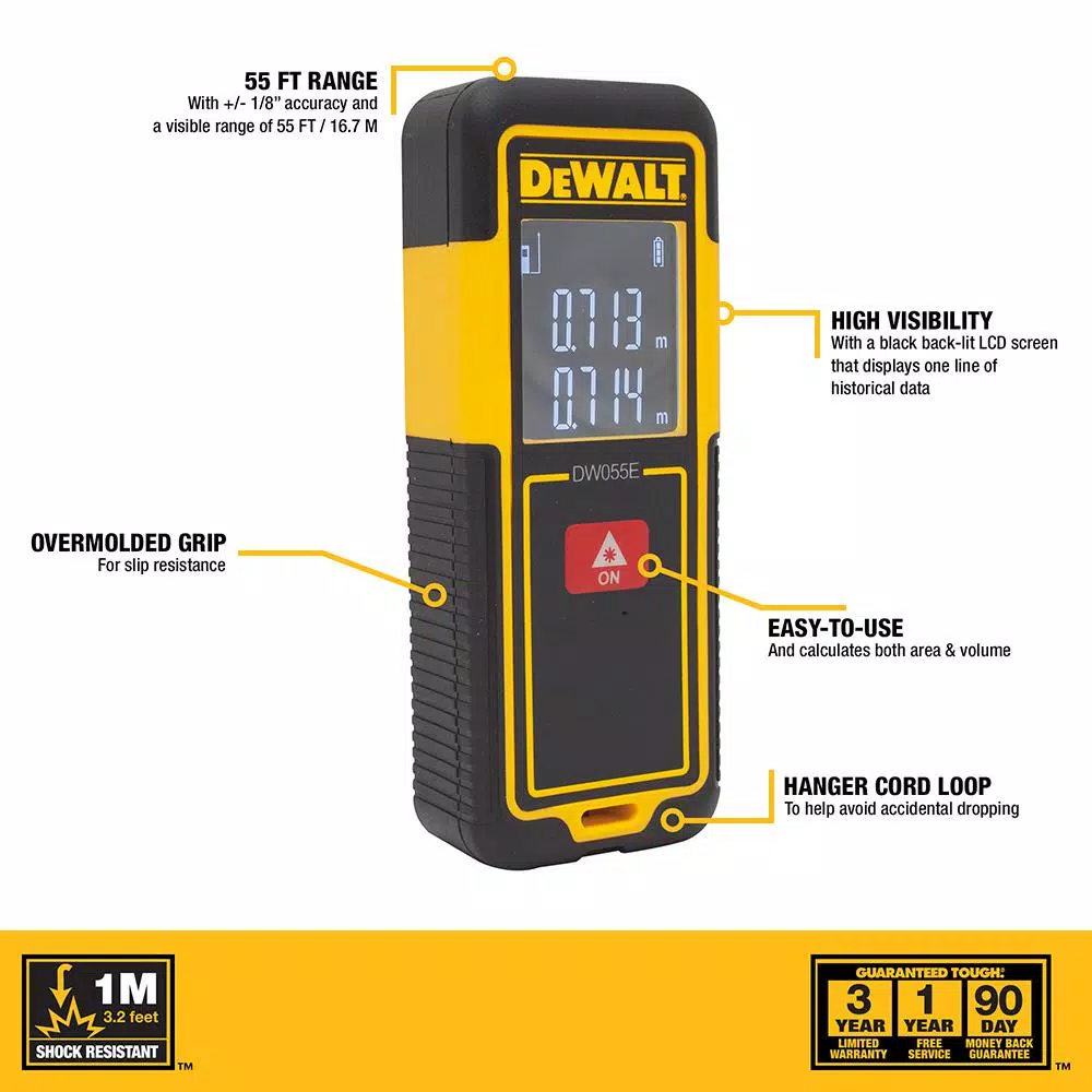DEWALT DW055E Laser Distance Measurer, 55 ft. Range