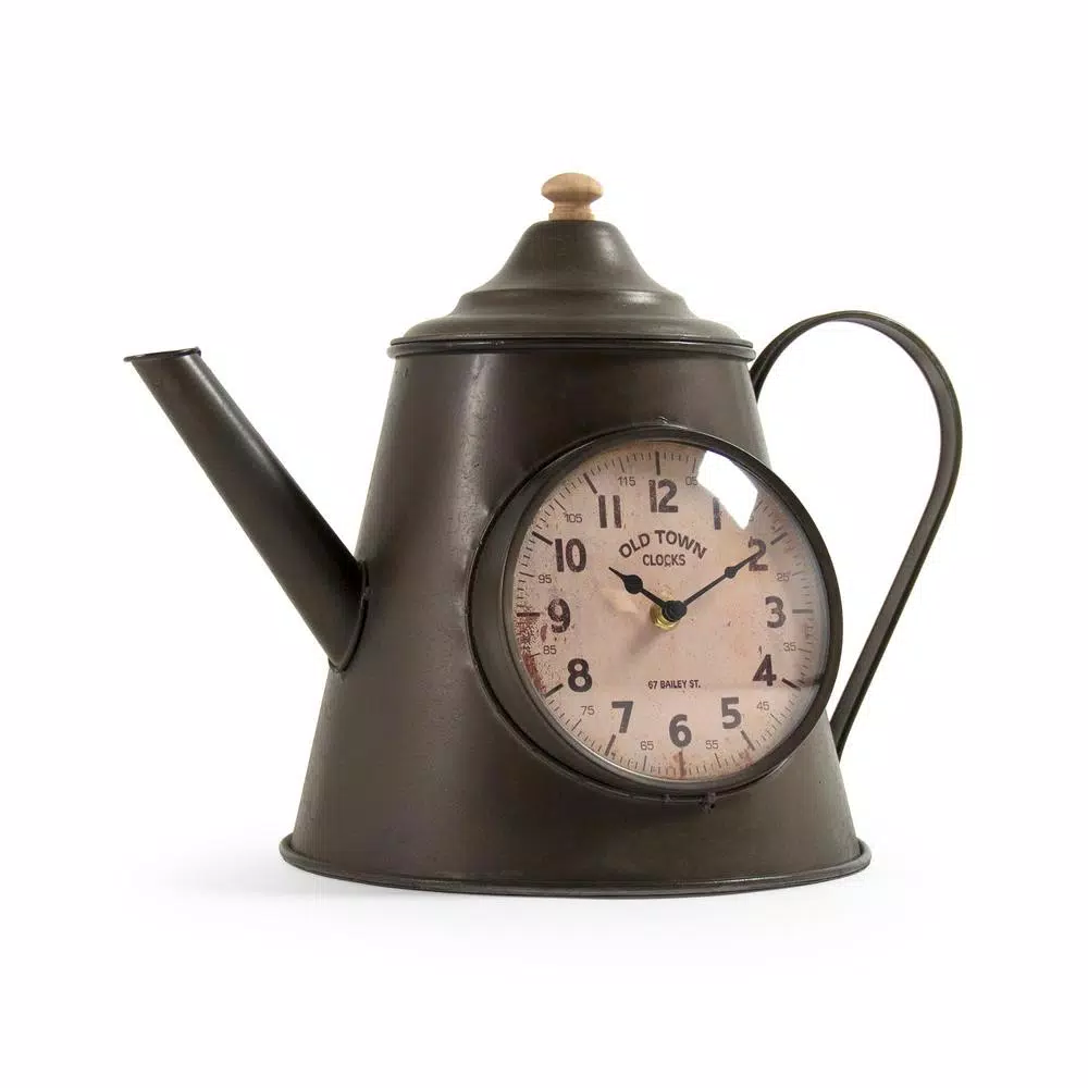 Zentique Dark Grey Distressed Iron Tea Kettle Shaped Analog Desk Clock