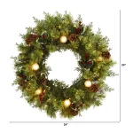 Nearly Natural 24 in. Pre-Lit Artificial Christmas Wreath with 57 Warm White Lights, Globe Bulbs, Berries and Pine Cones thumbnail 2