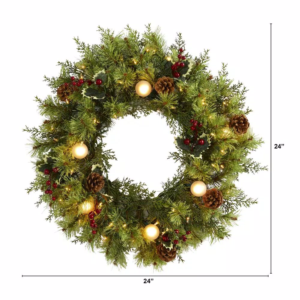Nearly Natural 24 in. Pre-Lit Artificial Christmas Wreath with 57 Warm White Lights, Globe Bulbs, Berries and Pine Cones