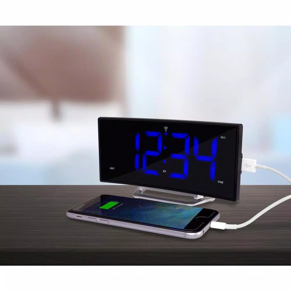 La Crosse Technology 1.8 in. Curved Blue LED Atomic Dual Alarm Clock with USB Charging Port