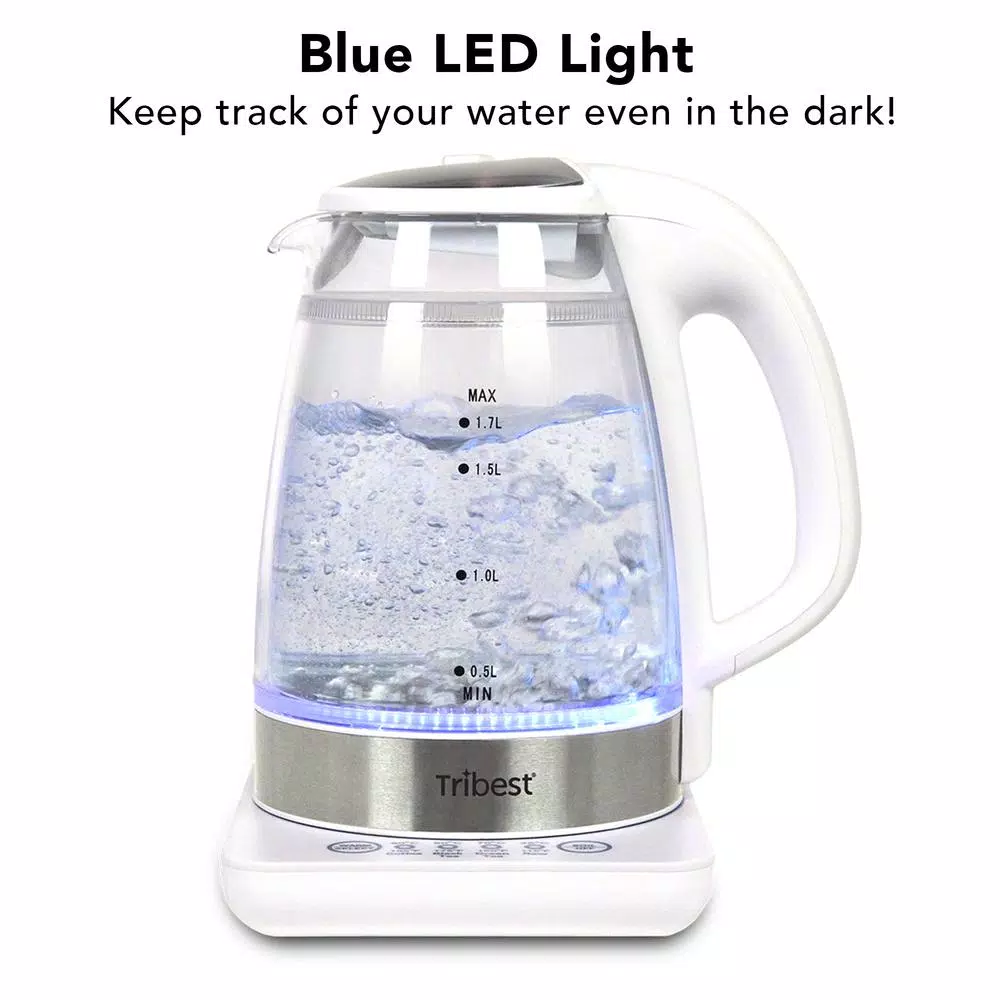 Tribest Glass Raw Tea Kettle, 1.7L Electric Kettle with Precision Temperature Presets, White