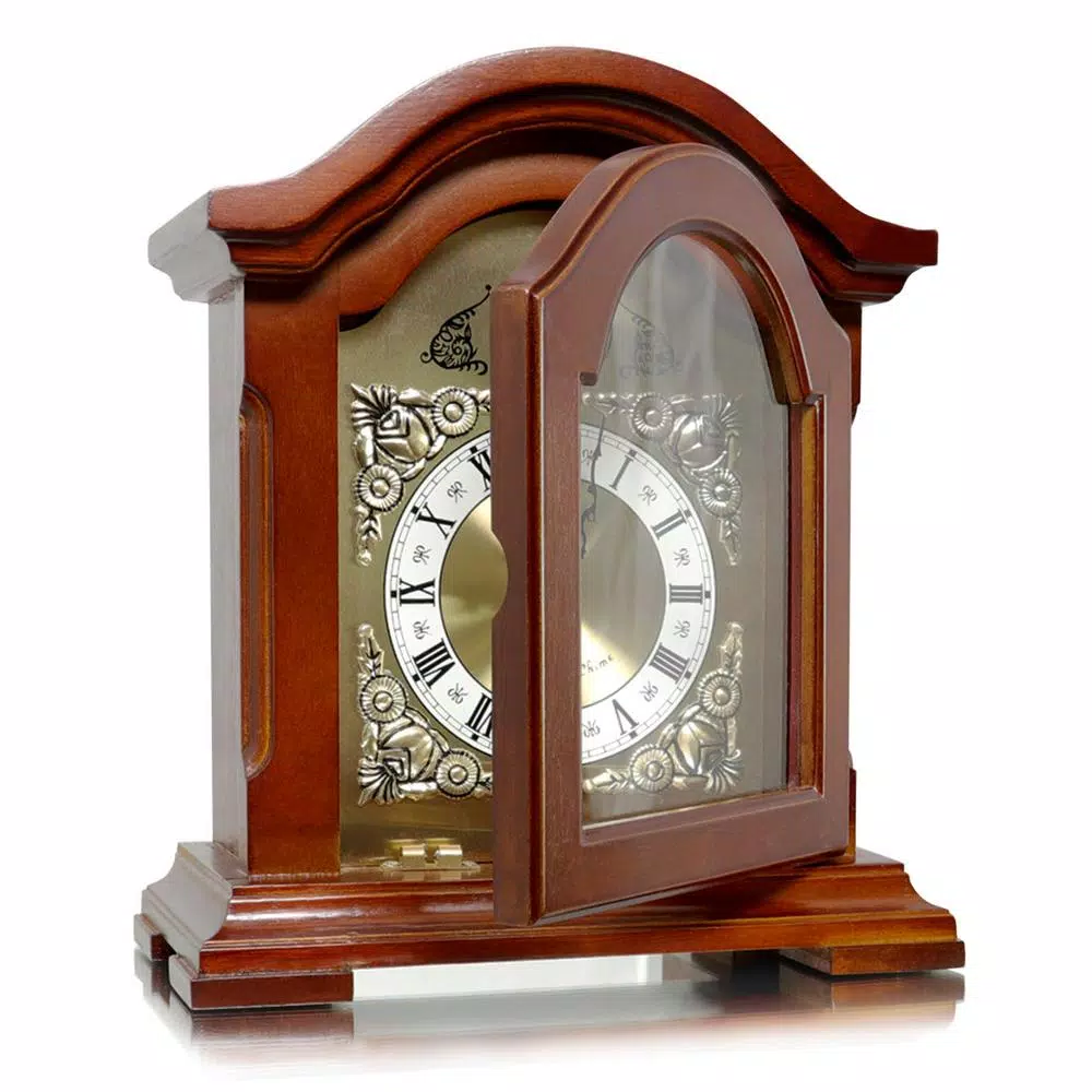 Bedford Clock Collection Redwood Mantel Clock with Chimes, Classic Wood Case with Roman Numeral Dial