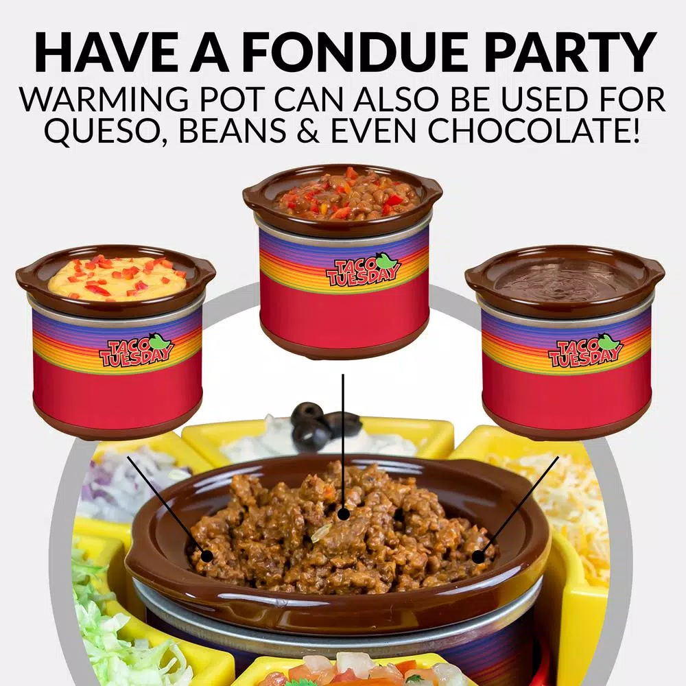 TACO TUESDAY Red Lazy Susan Taco Bar with 16 oz. Removable Warming Pot and 4 Taco Holders