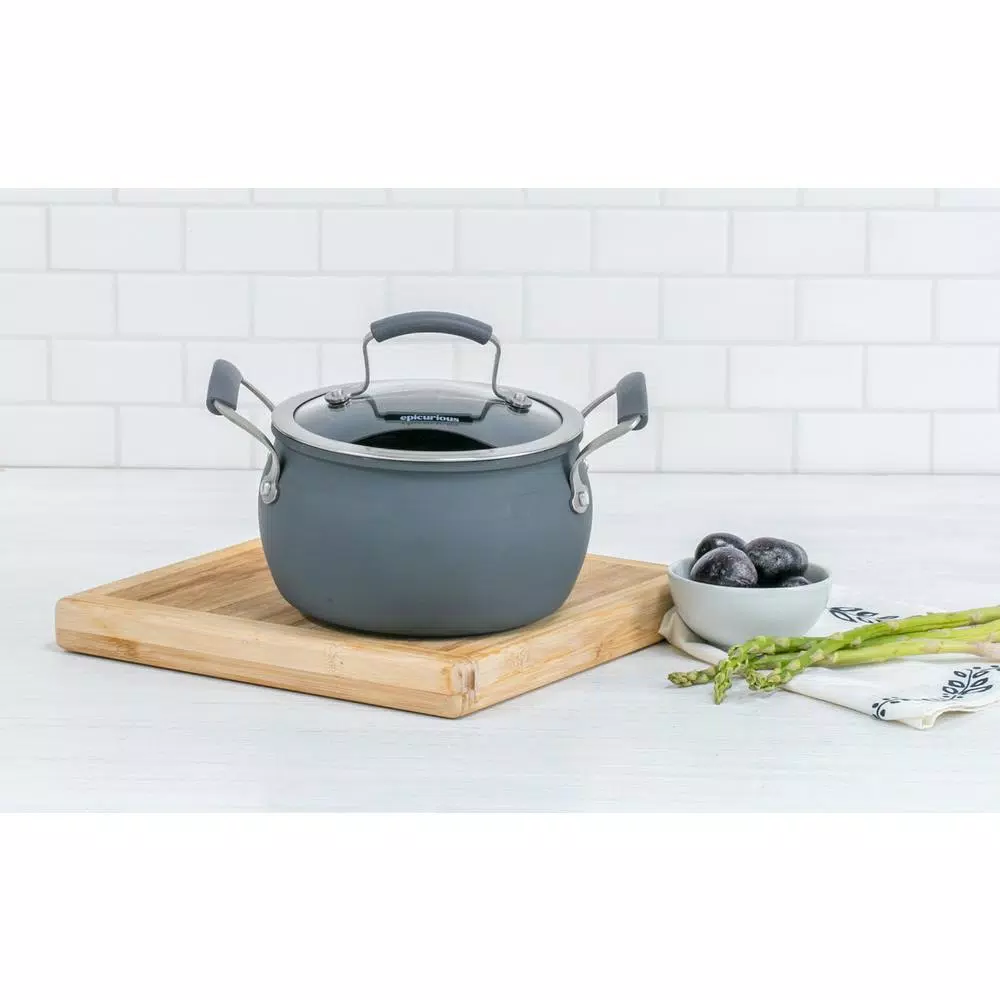Epicurious 3 Qt. Hard-Anodized Aluminum Nonstick Soup Pot with Glass Lid, Dark Gray