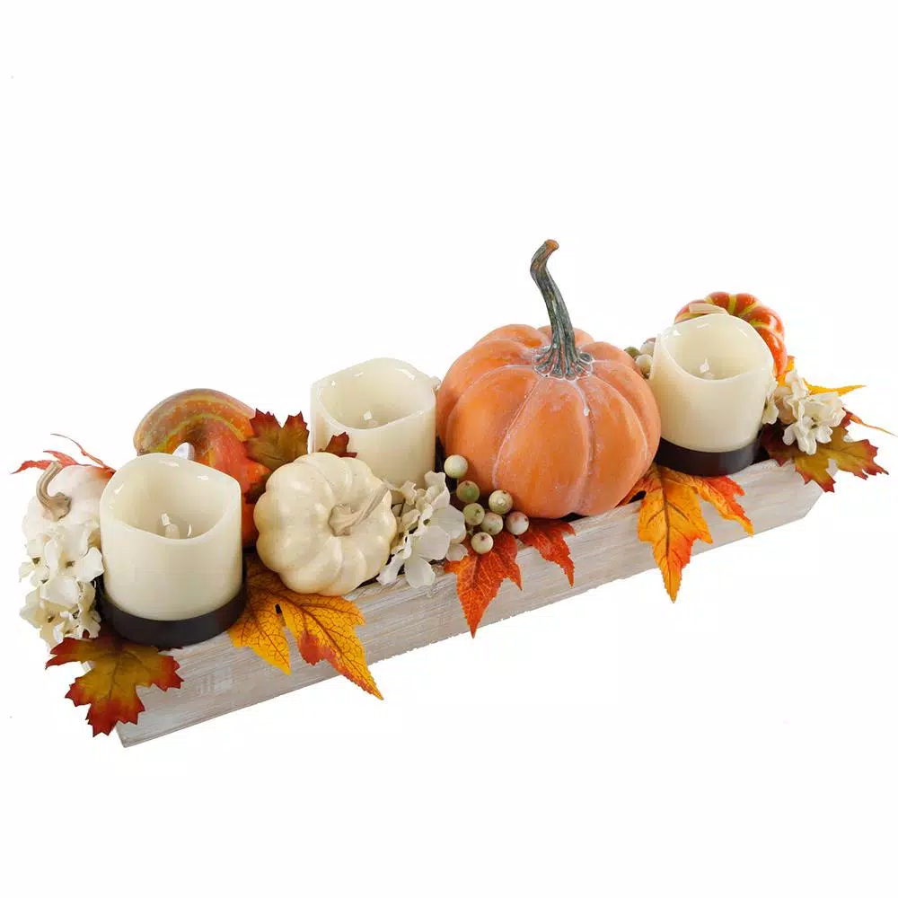 Flora Bunda 23 in. Fall Harvest Wood Ledge Pumpkin Arrangement Centerpiece Candle Holder with Berries and Leaves