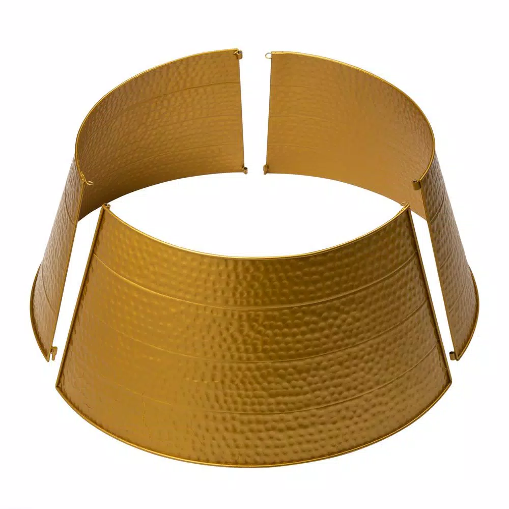 Glitzhome 26 in. Golden Hammered Metal Tree Collar with Merry Christmas Text and Lights