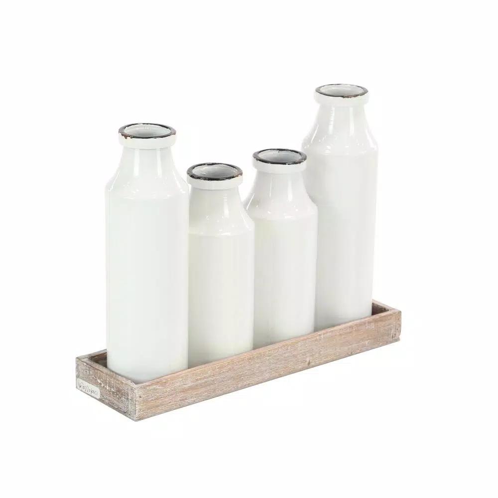 LITTON LANE Rustic Reflections Farmhouse Decorative Wood Tray with 4 Distressed White Milk Bottles