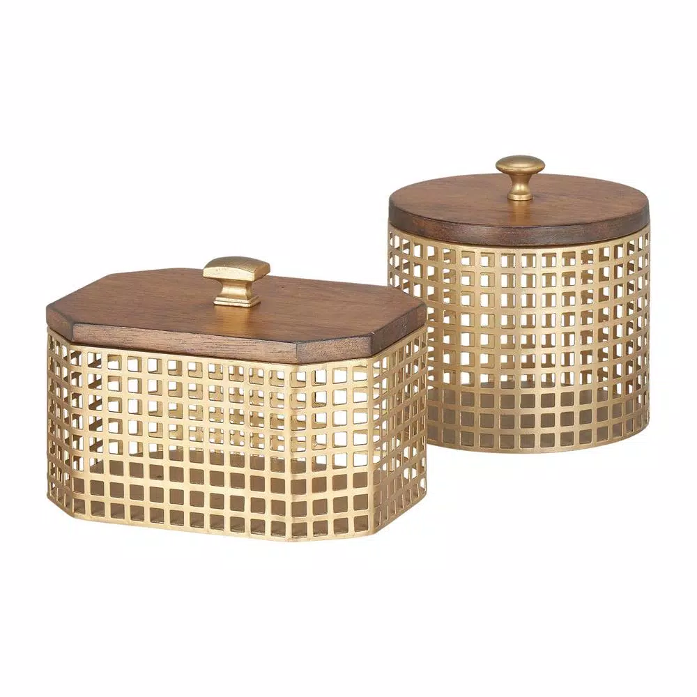 Home Decorators Collection Gold Metal Decorative Basket Set with Wood Lids, Set of 2