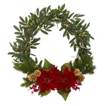 Nearly Natural 21 in. Olive, Poinsettia, Berry and Pine Artificial Wreath thumbnail 1