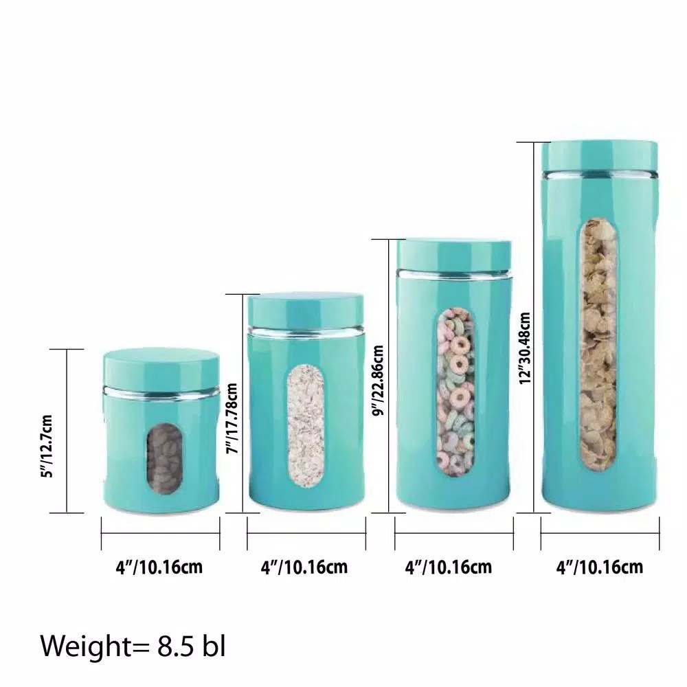Unbranded Essence Collection 4-Piece Turquoise Stainless Steel Canister Set
