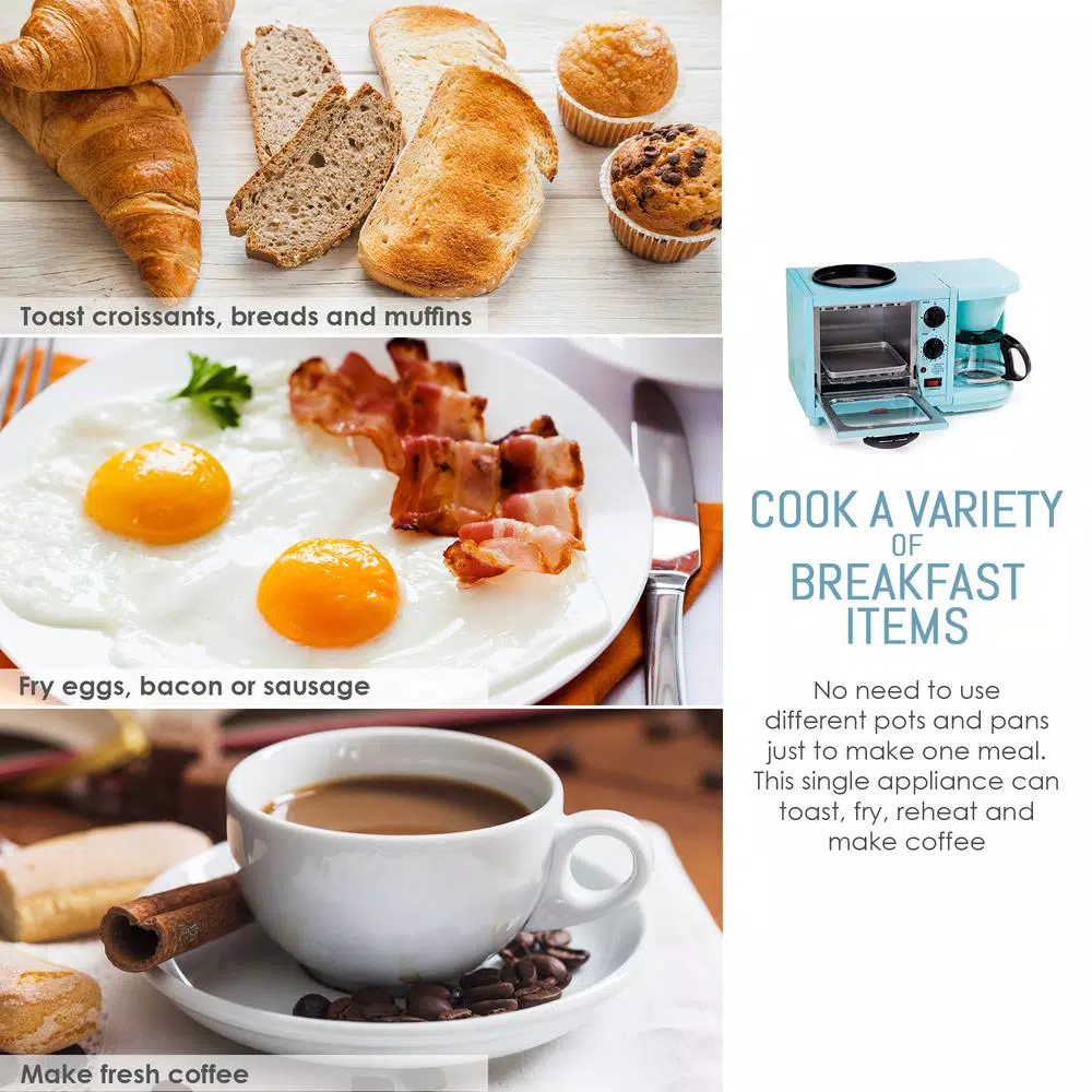Elite Americana by Elite 3-in-1 Mini Breakfast Shoppe - 500W Toaster Oven, 4-Cup Coffee Maker & 6 in. Griddle, Blue