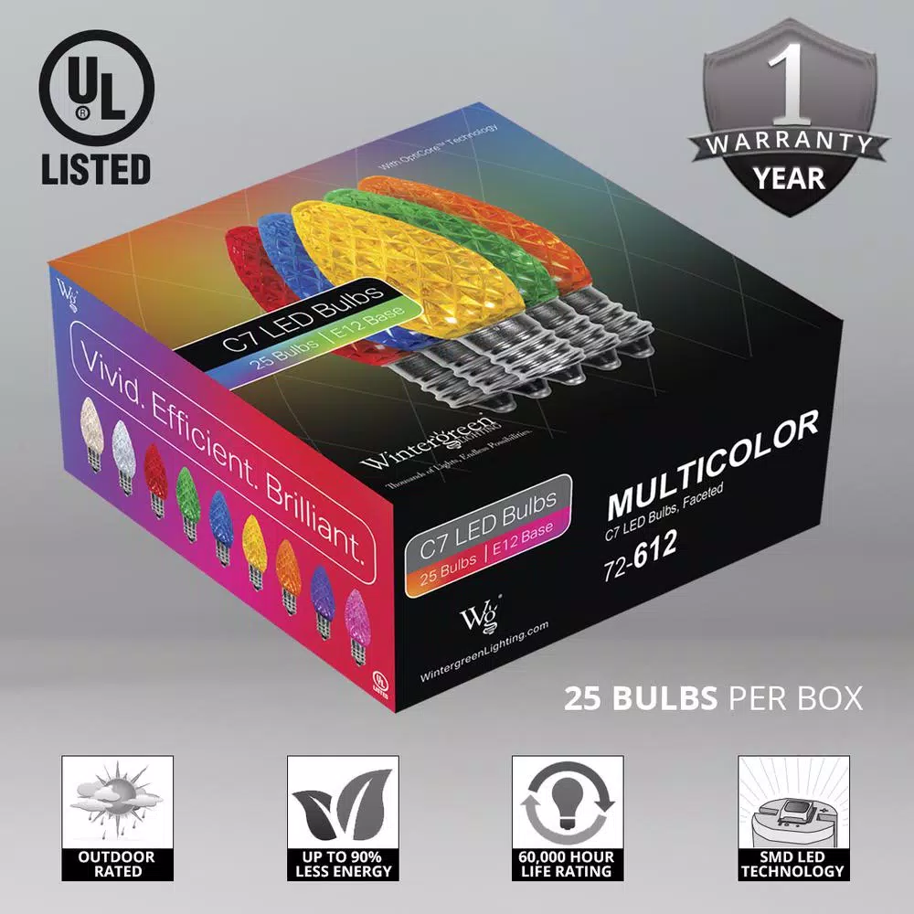 Wintergreen Lighting OptiCore C7 LED Multi-Color Faceted Christmas Light Bulbs, 25-Pack