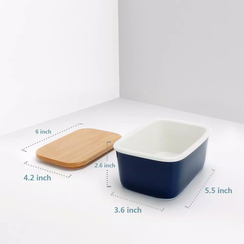 Sweese Large Porcelain Butter Dish with Beech Wood Lid - Navy Blue