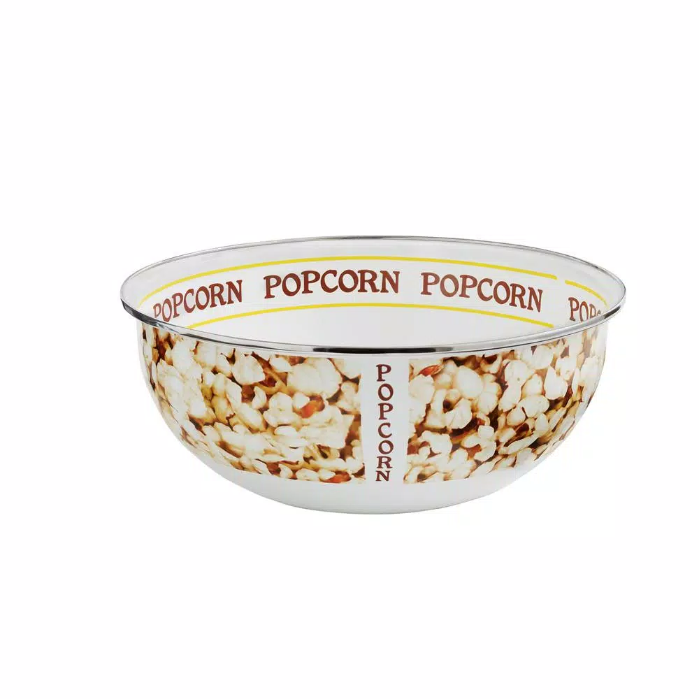 Golden Rabbit Popcorn Design Enamelware Popcorn Bowl, 4.5 Qt, White