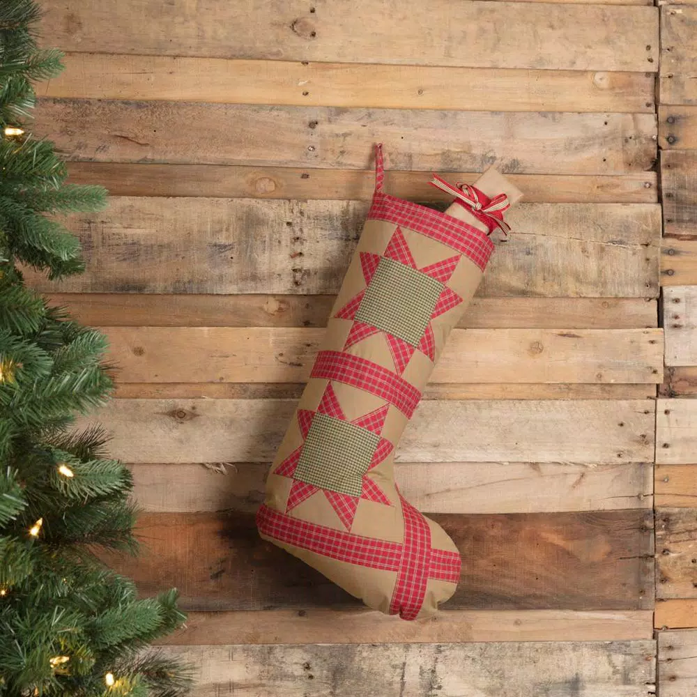 VHC Brands 20 in. Cotton Tan Dolly Star Primitive Christmas Patchwork Stocking