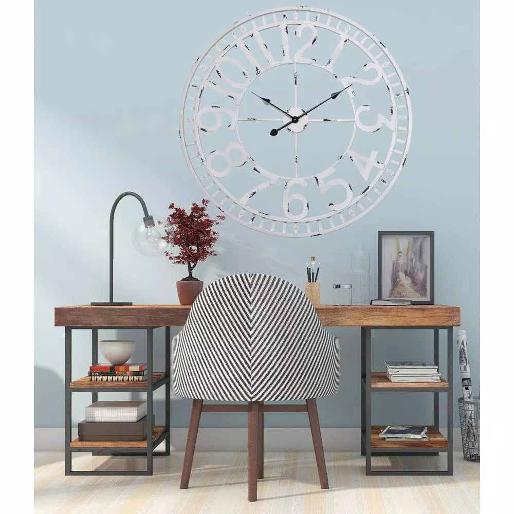 Utopia Alley Manhattan Industrial 32" Oversized Wall Clock, White Distressed Metal, Analog Quartz Movement
