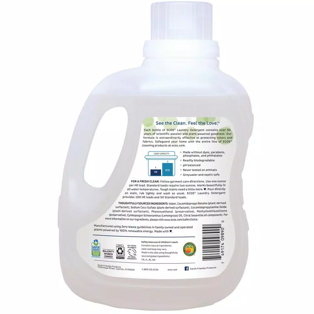ECOS 2X Ultra Concentrated Liquid Laundry Detergent, Lemongrass Scent, 100 oz.