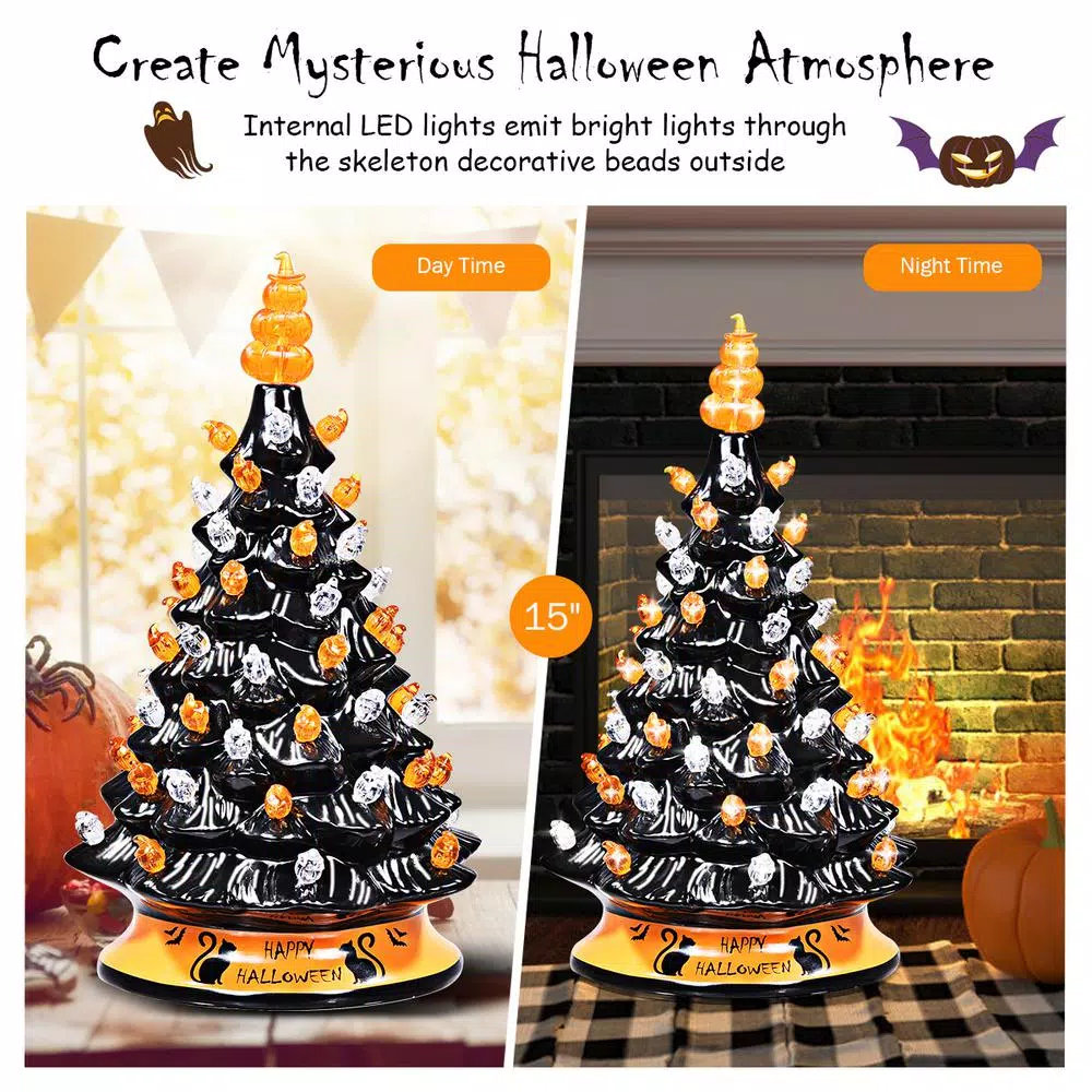 Costway 15 in. Black Ceramic Hand-Painted Halloween Tree with LED Lights and Pumpkin Top