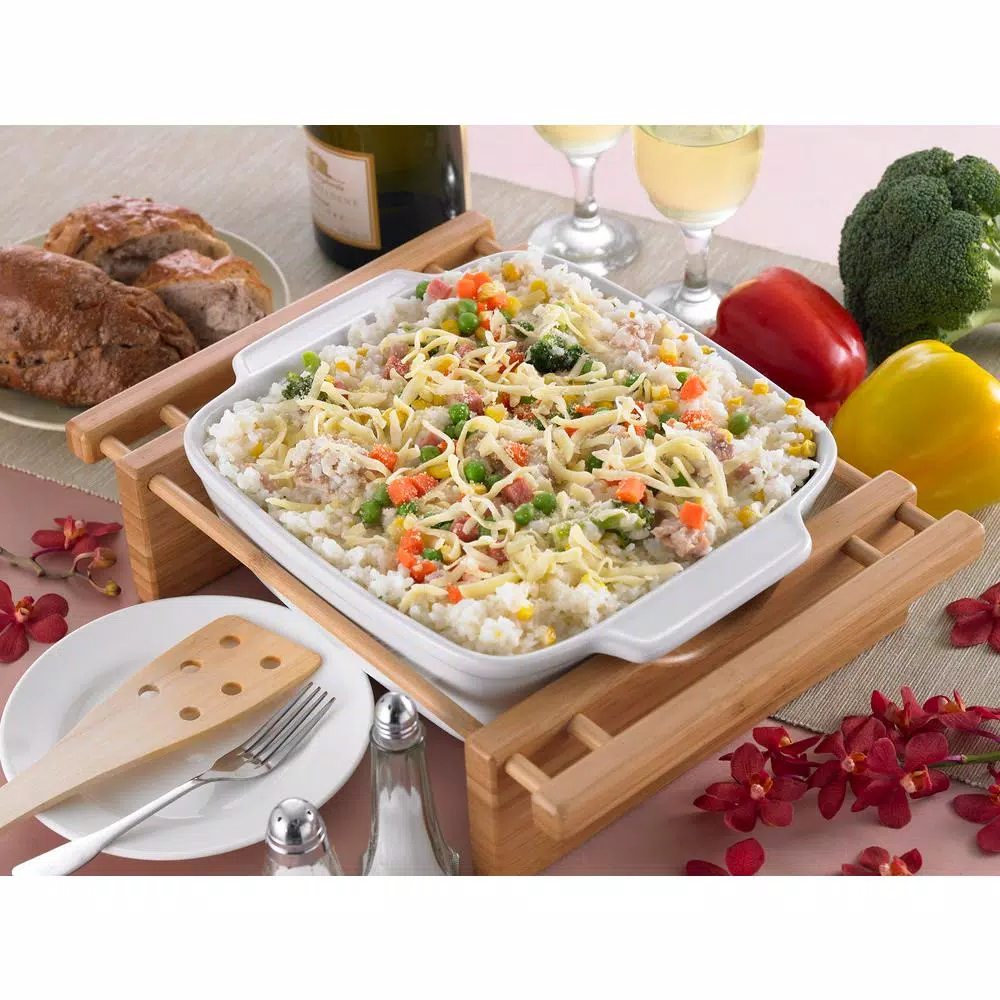 Creative Home Grand Buffet 9 in. Square Stoneware Casserole Dish with Bamboo Cradle