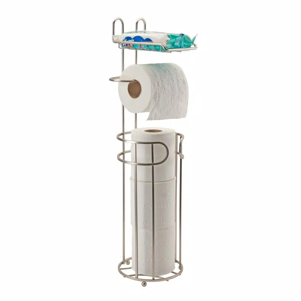 Bath Bliss Contemporary Freestanding Toilet Paper Holder with Built-in Phone Shelf and 4-Roll Storage, Satin