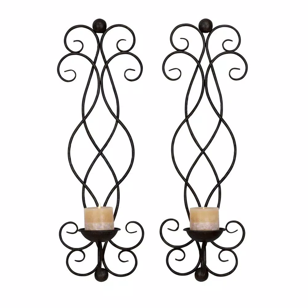 LITTON LANE 25 in. Black and Gold Iron Scrollwork Candle Sconce Set of 2