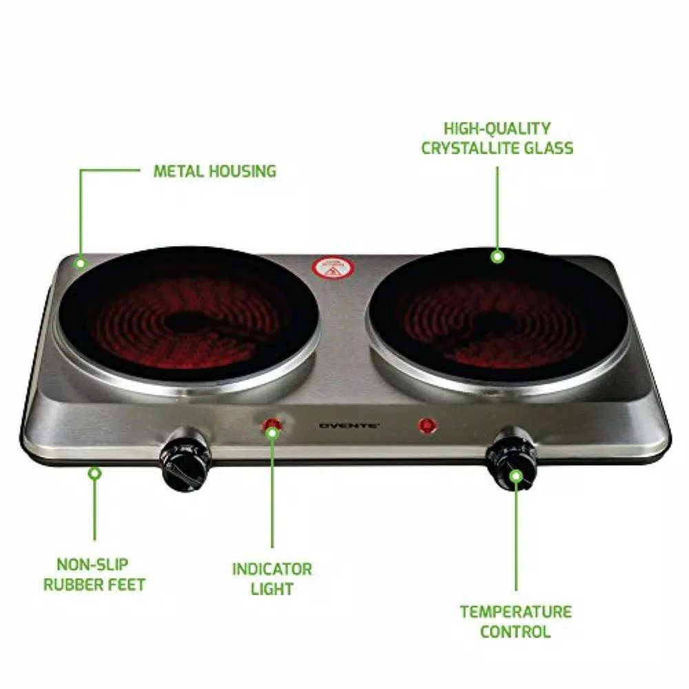 Ovente 1500W Double Burner Infrared Hot Plate, 7.5 in. Ceramic Glass Cooktop with Temperature Control