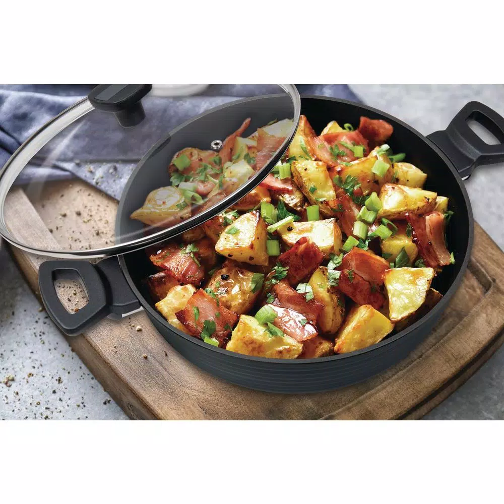 MasterPan Modern Series 5 qt. Cast Aluminum Nonstick Saute Pan with Glass Lid, Black