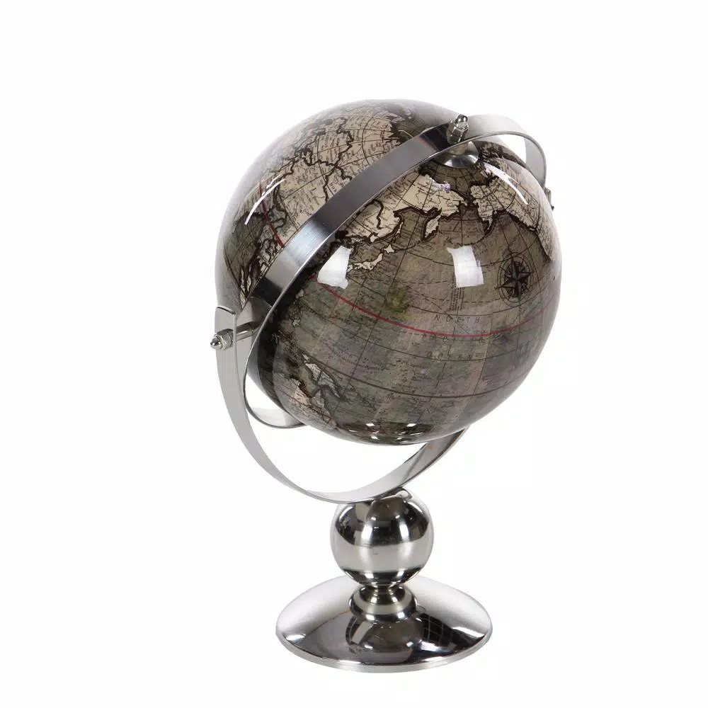 LITTON LANE Modern Reflections 11 in. Decorative Globe with Stainless Steel Stand, Brown and White