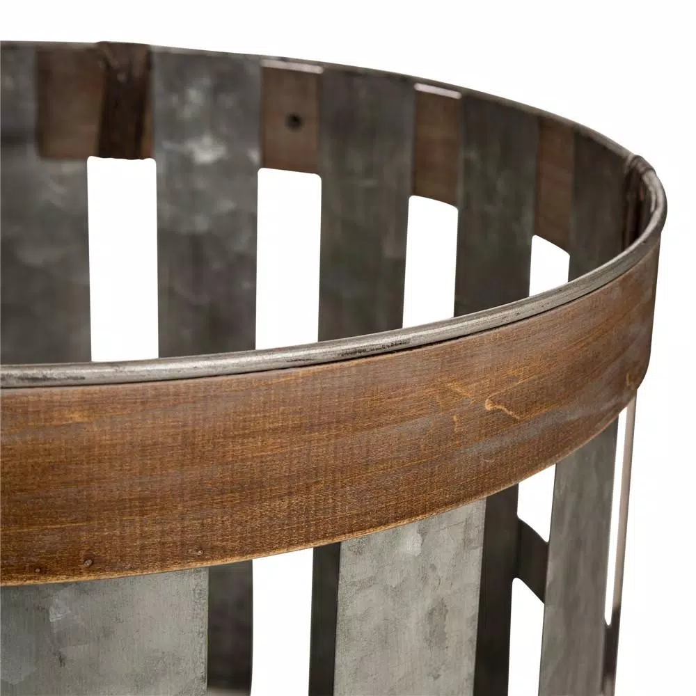 Glitzhome Farmhouse Slotted Galvanized Metal Storage Basket Set, Round with MDF Top (Set of 3)