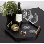 Kate and Laurel Halsey Black Hexagon Decorative Wooden Tray with Gold Metal Handles thumbnail 1