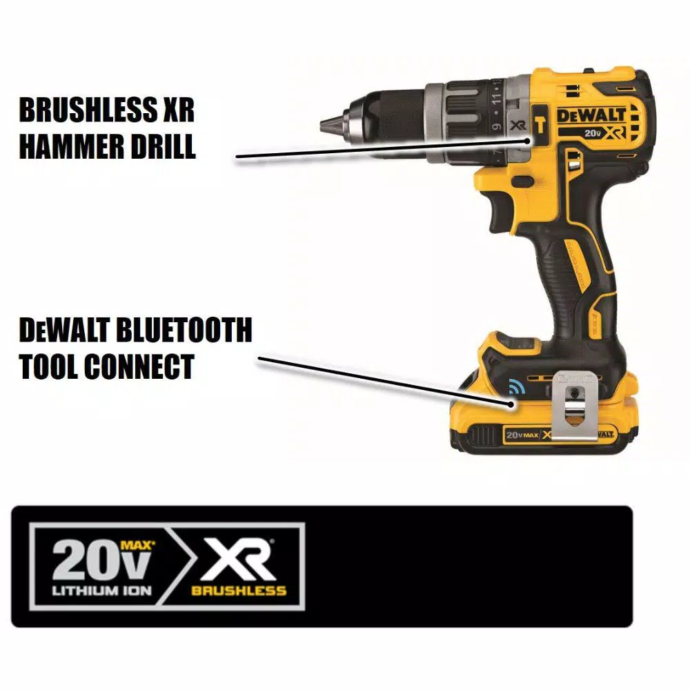 DEWALT 20V MAX XR Brushless 1/2 in. Compact Hammer Drill with Tool Connect, (2) 2.0Ah Batteries & Charger
