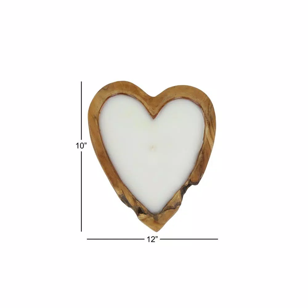 LITTON LANE Large Heart-Shaped Reclaimed Teak Wood Candle Holder with Unscented White Wax