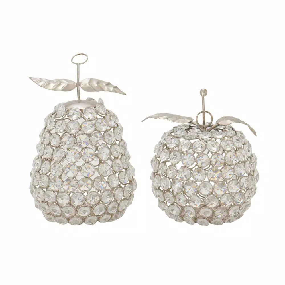 LITTON LANE 7 in. Silver Metal and Acrylic Rhinestone Apple and Pear Decor Set of 2