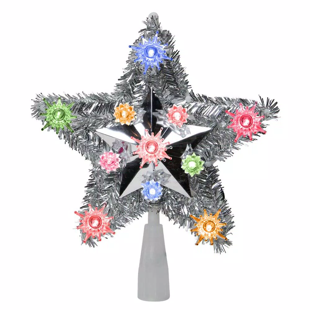 Northlight 9 in. Lighted Silver Tinsel Star Christmas Tree Topper with 11 Multi-Color Mini Lights