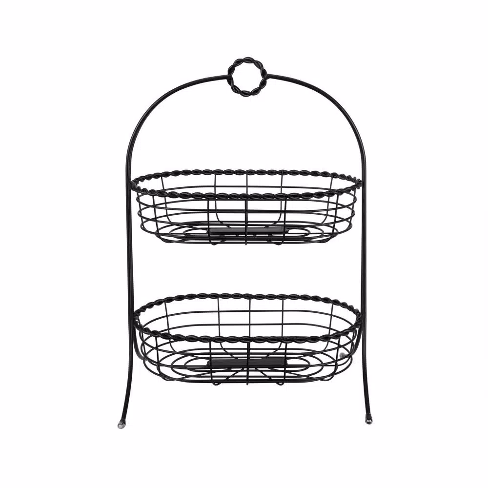 Spectrum Everly 2-Tier Oval Steel Fruit Basket & Serving Stand, Black