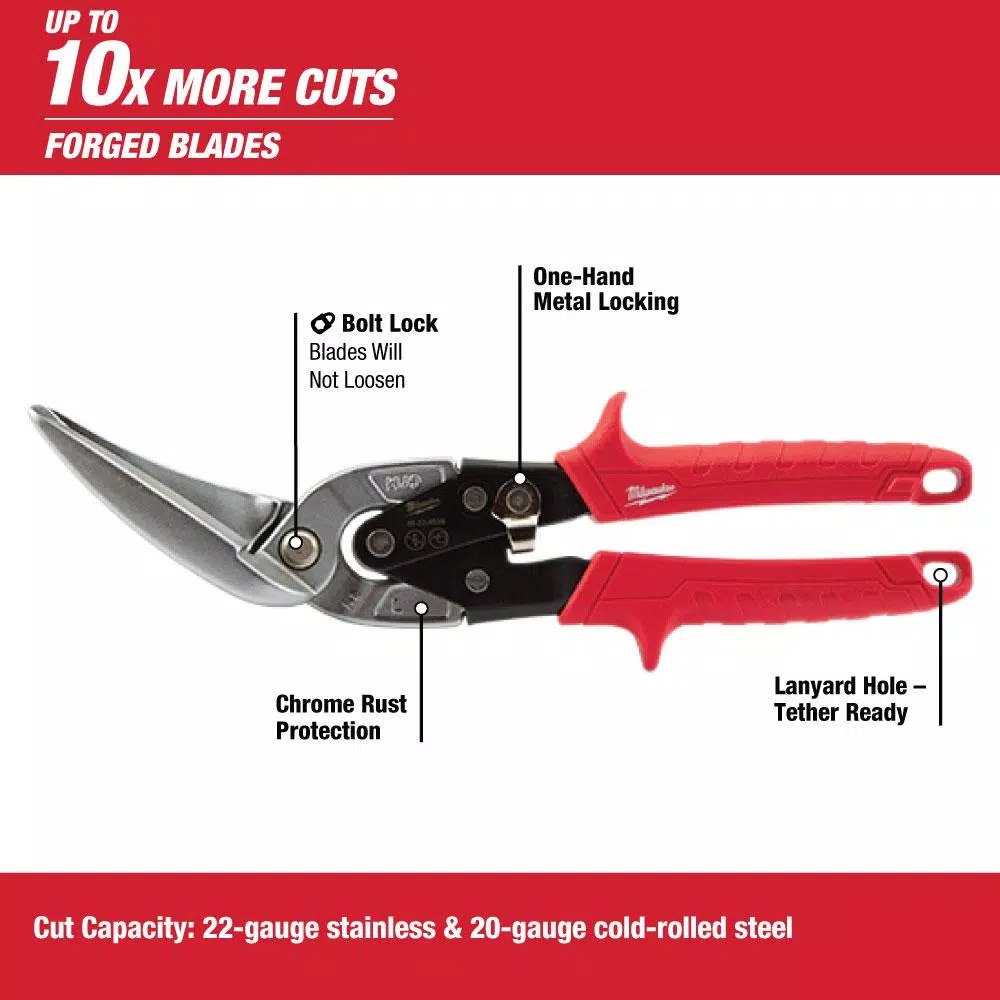 Milwaukee 11 in. Left-Cut Offset Aviation Snips with Forged Serrated Blades