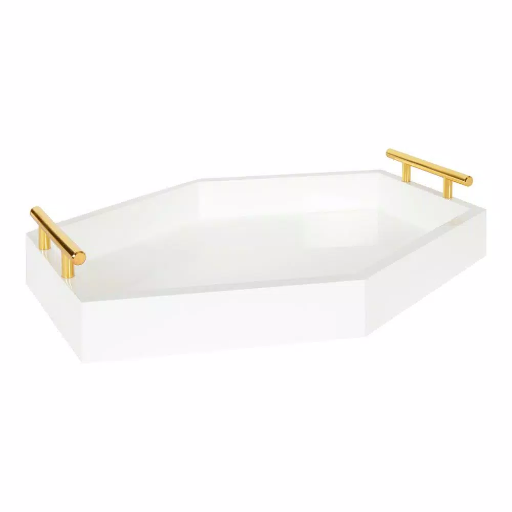 Kate and Laurel Lipton White Glossy Decorative Hexagon Tray with Gold Metal Handles