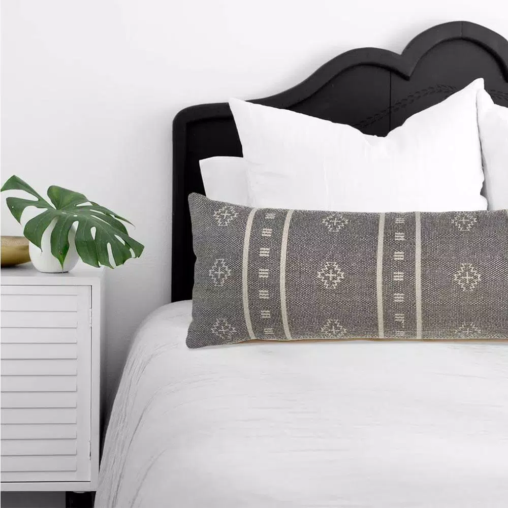 LR Home Embroidered Ethnic Floral Throw Pillow, 14 x 36 in, Gray and Cream Cotton