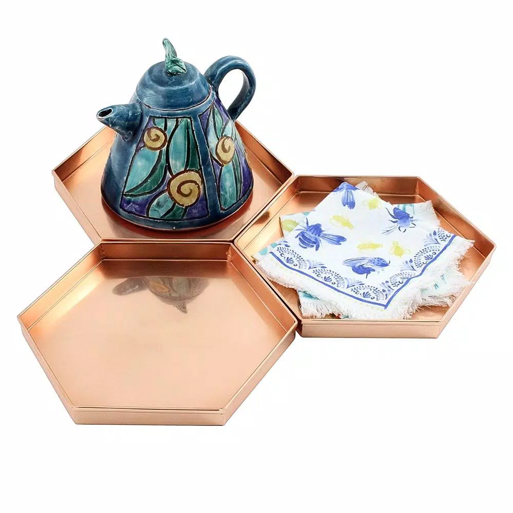 Achla Designs Hexagonal Copper Plated Stainless Steel Decorative Trays, Set of 3