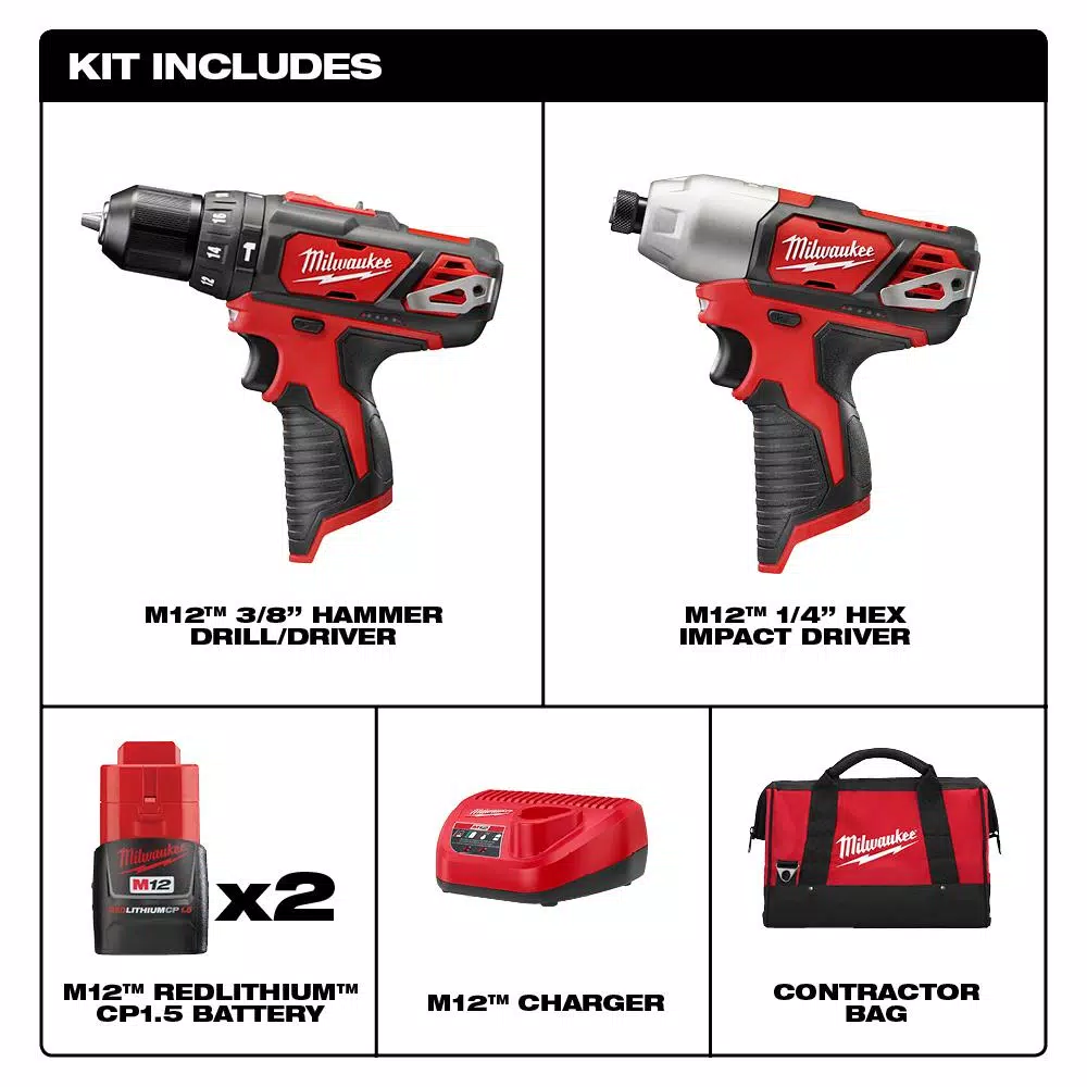 Milwaukee M12 12V Lithium-Ion Cordless Hammer Drill and Impact Driver 2-Tool Combo Kit