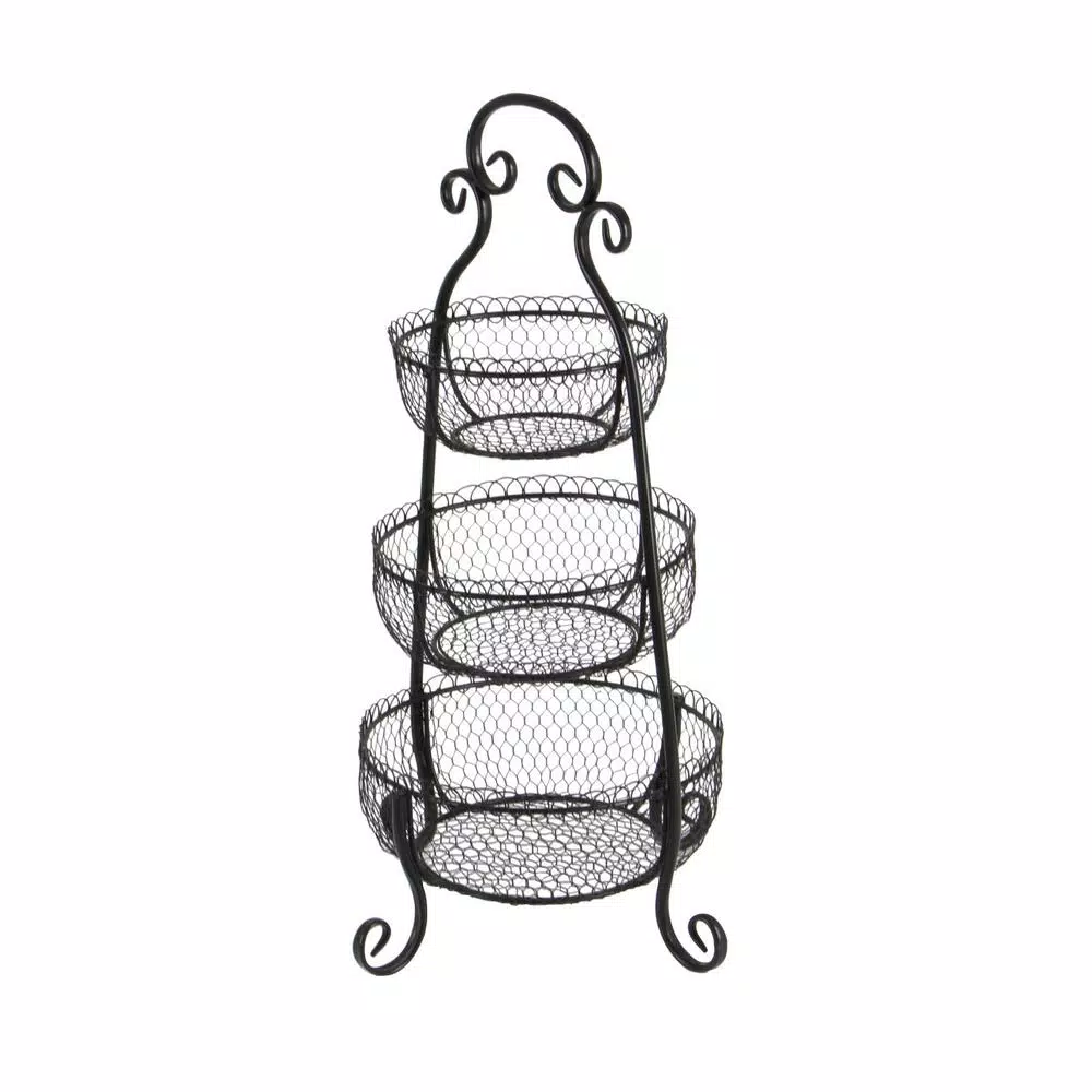 LITTON LANE New Traditional 3-Tier Black Wrought Iron Decorative Basket Tray Stand