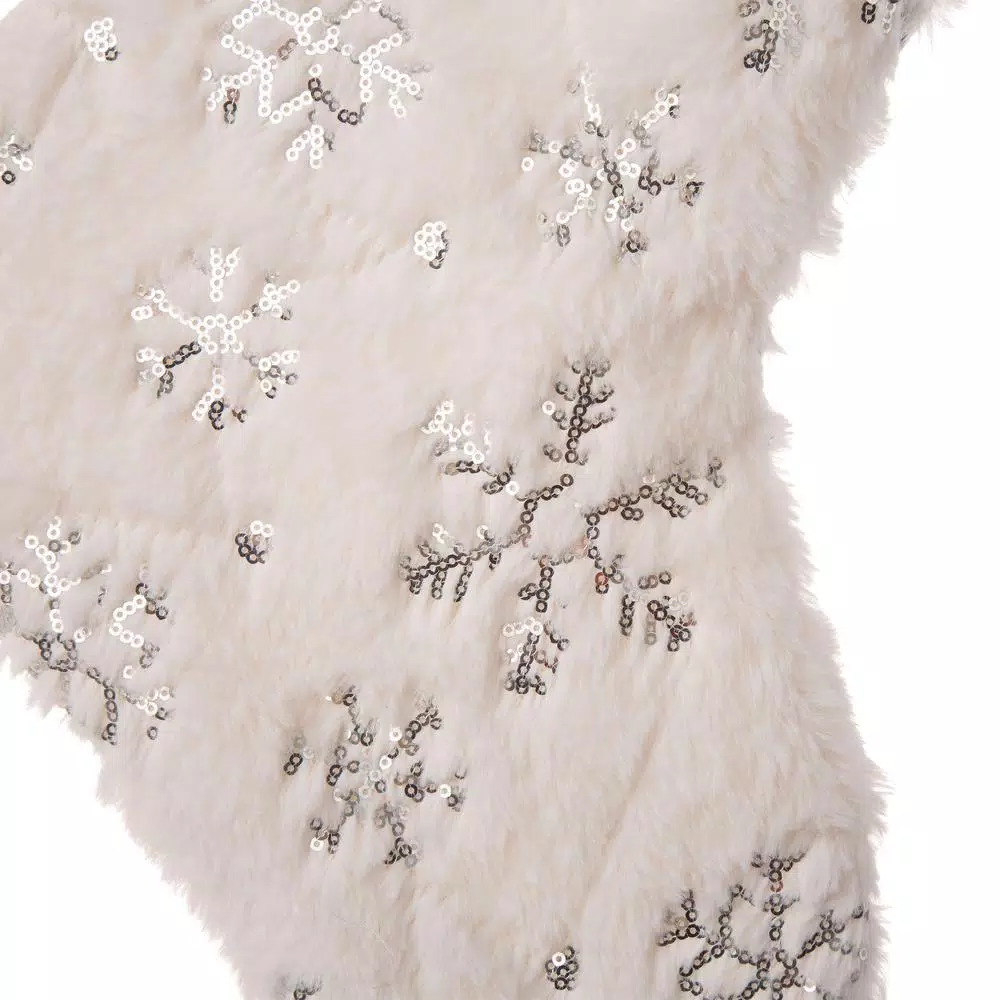 Glitzhome 21 in. White Plush Faux Fur Christmas Stocking with Silver Sequin Snowflake Embroidery