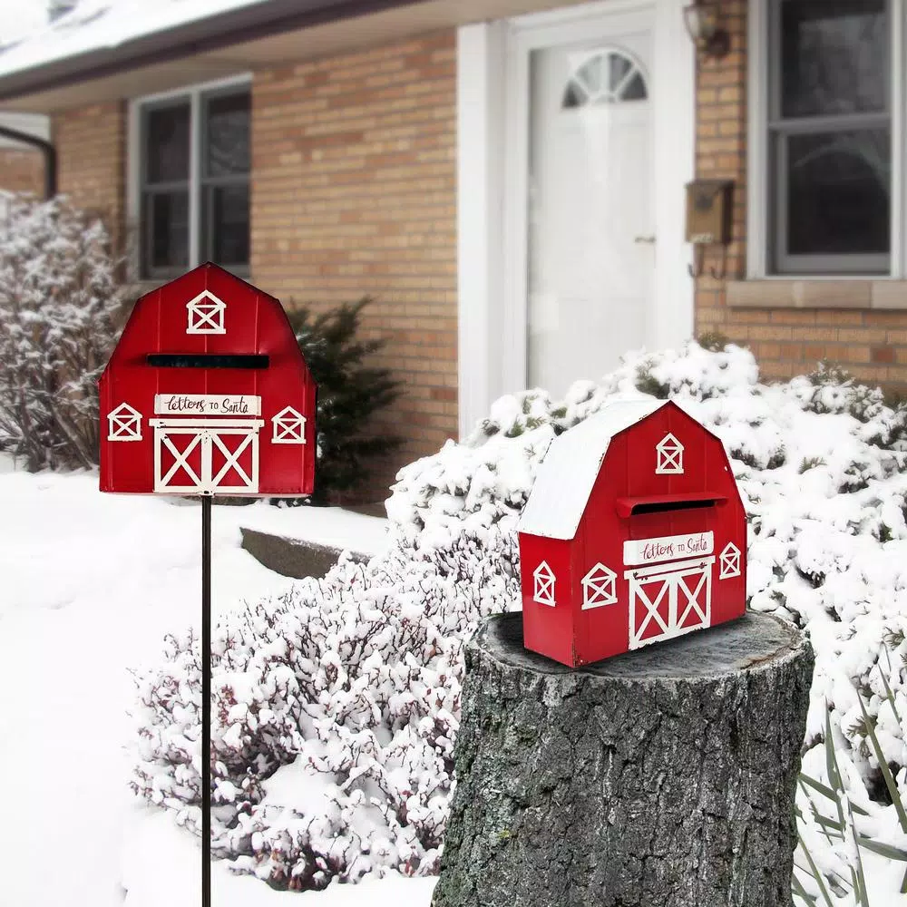 Alpine Corporation 54 in. Metal Letters to Santa Red Barnhouse Mailbox Garden Stake